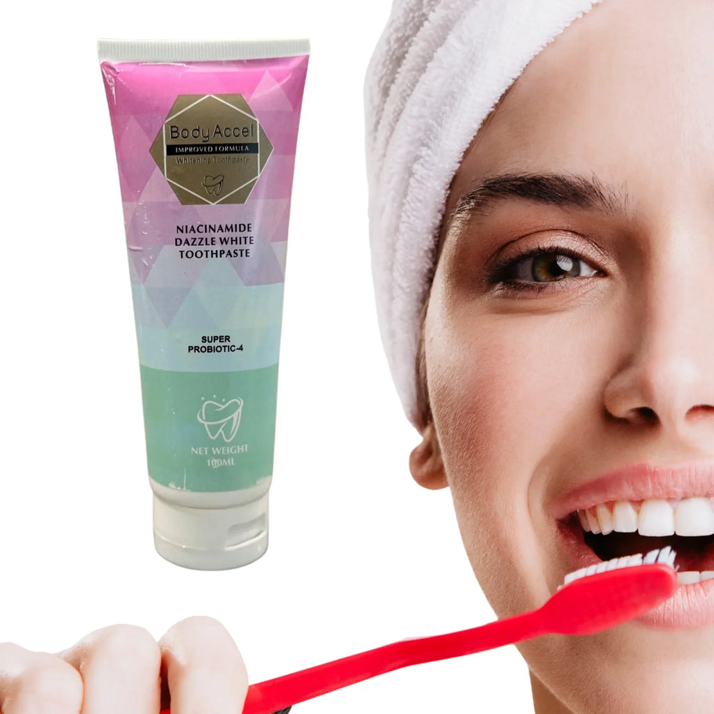 Body Accel Whitening Toothpaste 100ml Niacinamide & Probiotics Advanced Stain Removal & Long-Lasting Fresh Breath