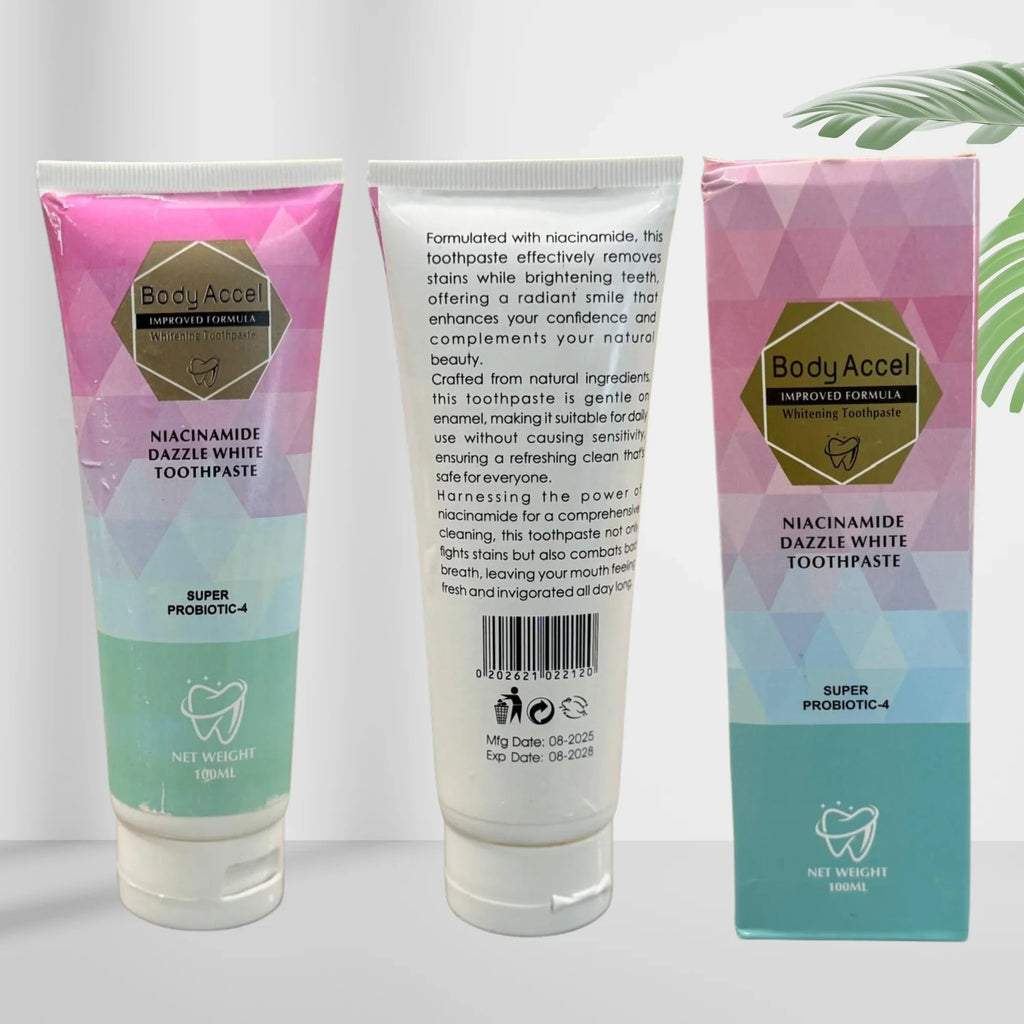 Body Accel Whitening Toothpaste 100ml Niacinamide & Probiotics Advanced Stain Removal & Long-Lasting Fresh Breath